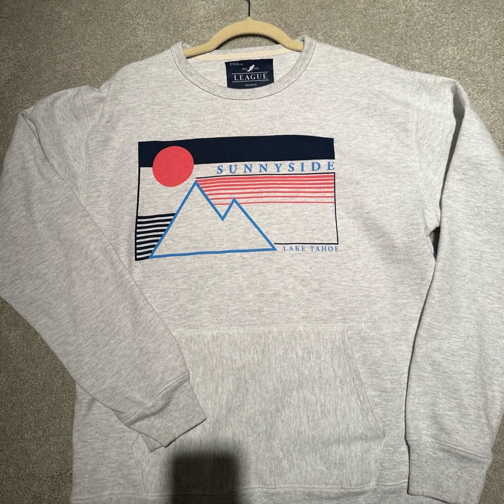 League Gray Crewneck Sweatshirt with Red and Blue Graphic